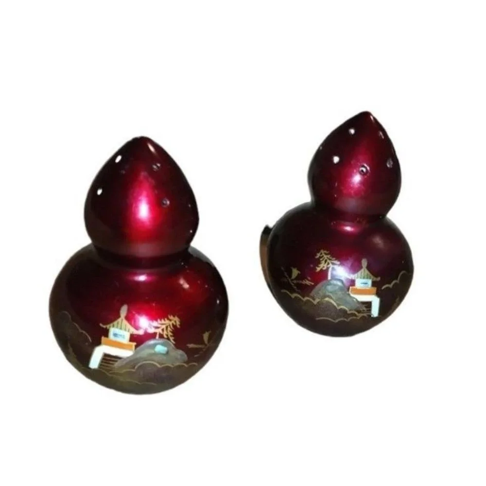 Vintage Japanese Lacquer Salt & Pepper Shakers Gourd Shape Hand Painted